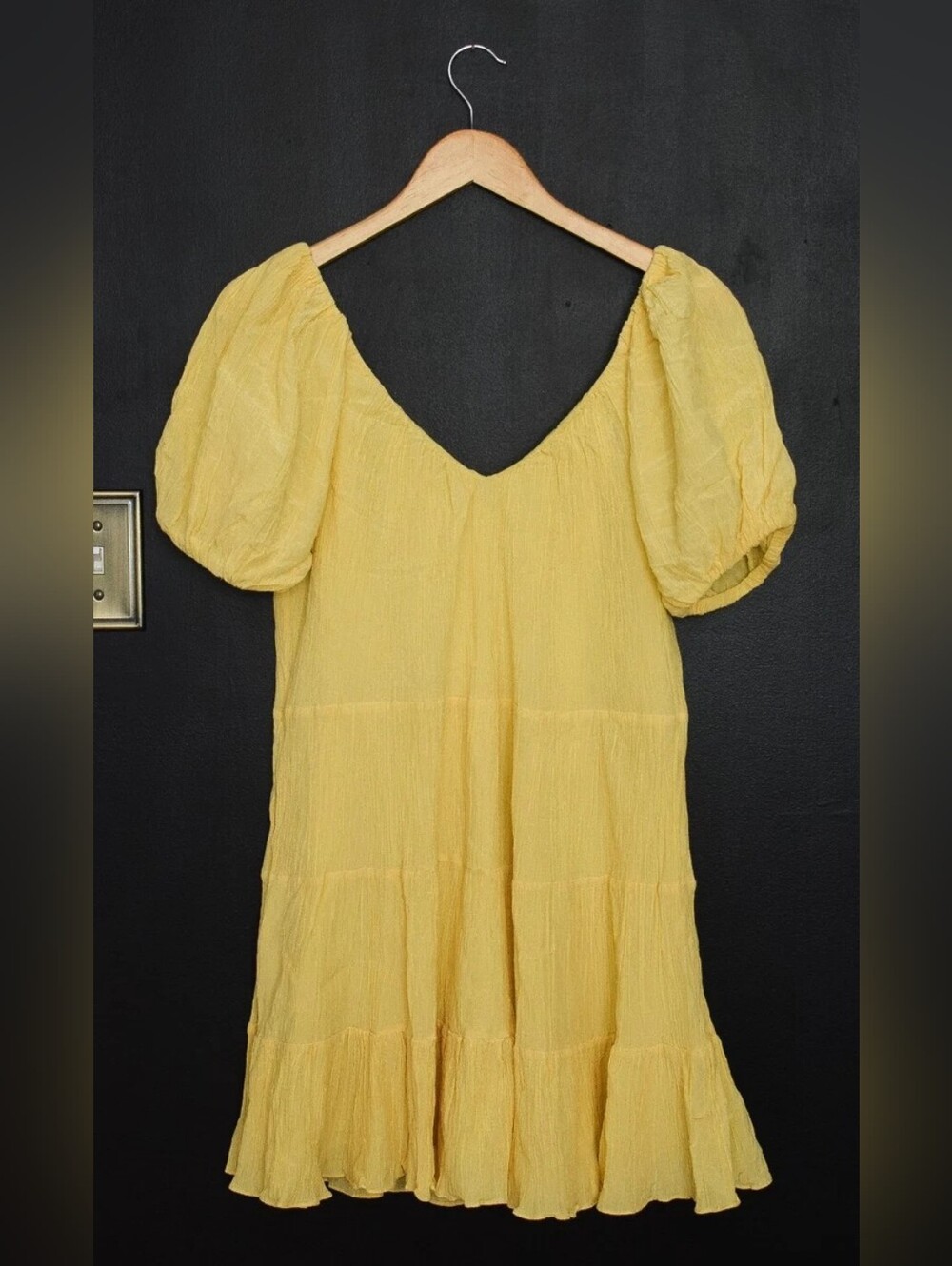 Rebecca Taylor Butter Yellow Silk Tiered Babydoll Mini Dress Puff Sleeve Size L - Picture 7 of 11